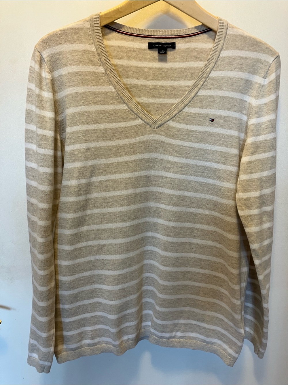Tommy Hilfiger Beige and White Striped V-Neck Sweater